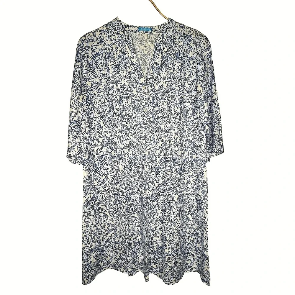 J.McLaughlin Linen Dress Womens S Blue Paisley Shift‎ Roll Tab Coastal